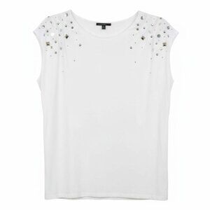Chaus Sport Women's Size M Ivory Silver Studded Short Cap Sleeve Retro Rock Top